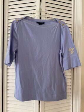 Tommy Hilfiger Shirt Women Sz M Blue Logo 3/4 Sleeve Boat Neck Cotton Casual